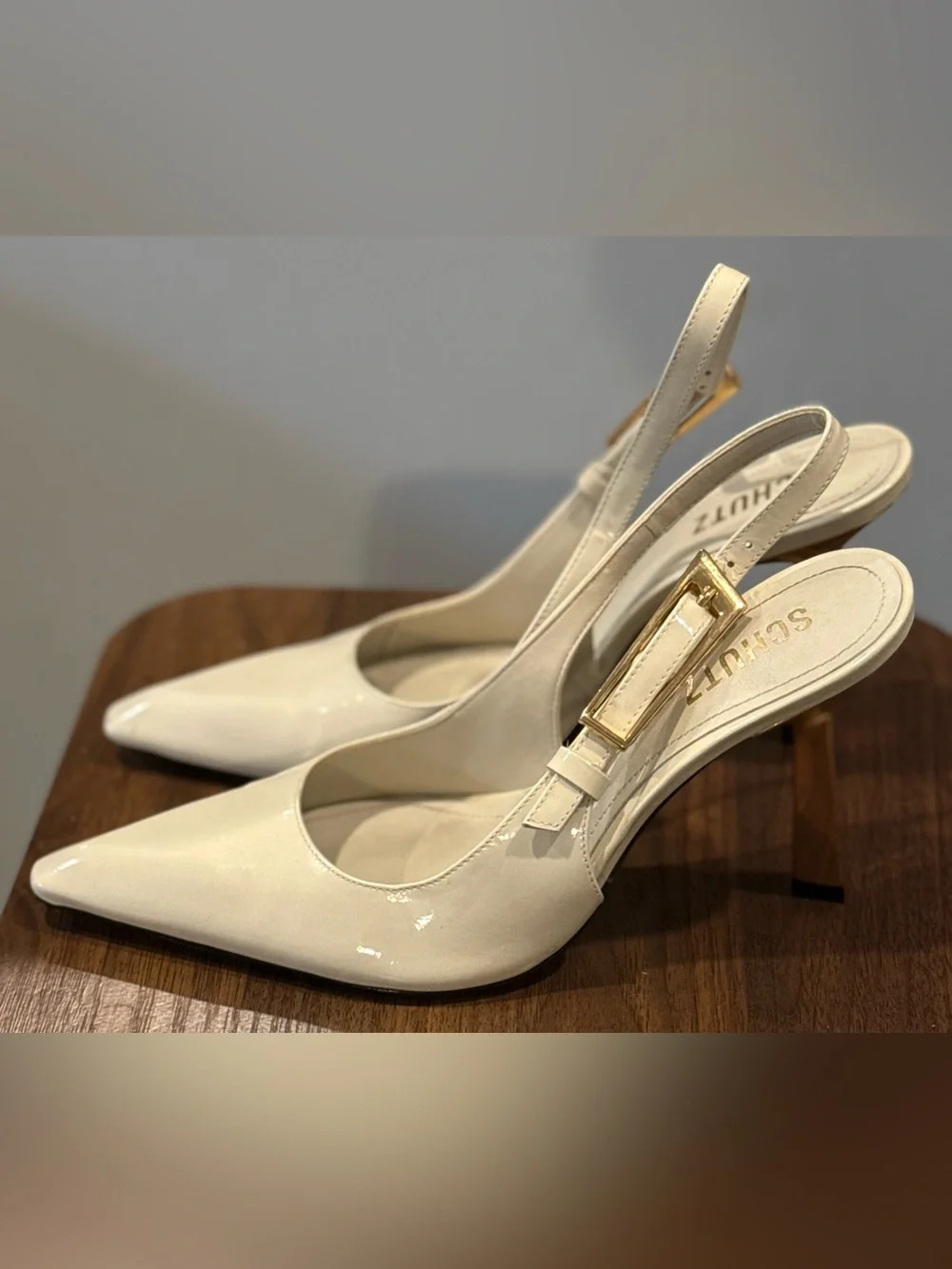SCHUTZ Cream Pointed Slingback Heels with Gold Buckle & Gold Heel
